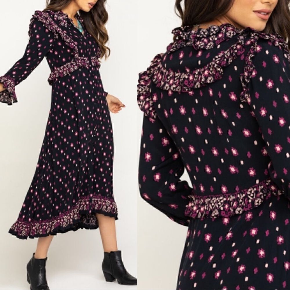 Free People Calico Skies Black Long Sleeve Flowy Button Up Midi Dress Sz M